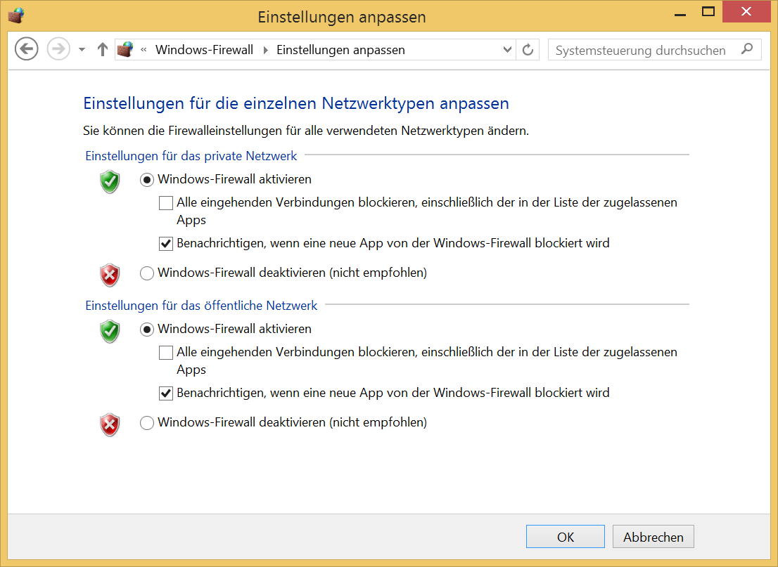 Einstellungsmöglichkeiten der Windows Firewall unter Windows 8